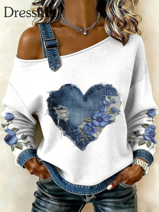 Damen Retro Floral Heart Patchwork Print lässig schulter freies Sweatshirt als bild / S