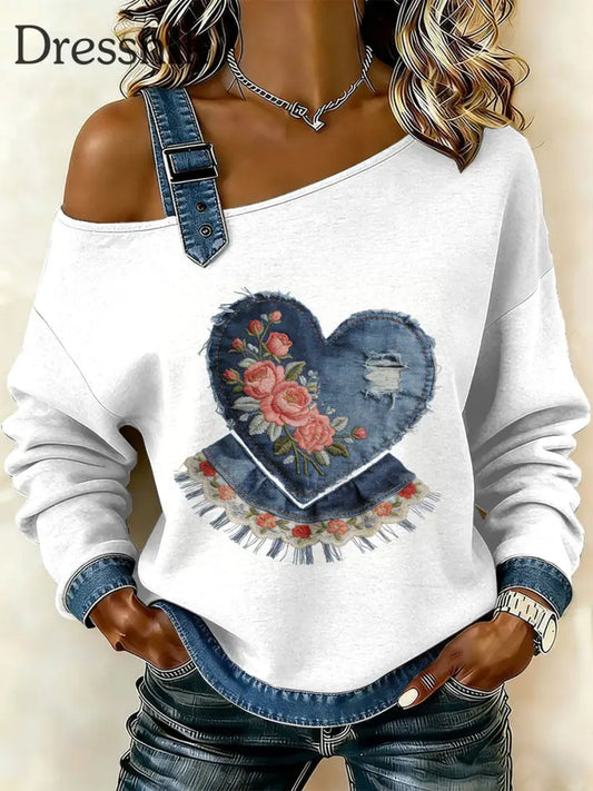 Damen Retro Floral Heart Patchwork Print lässig schulter freies Sweatshirt als bild / S