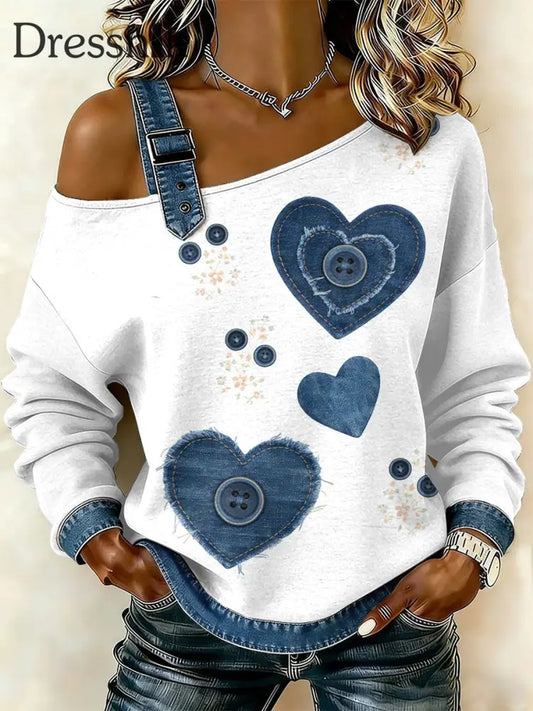 Damen Retro Floral Heart Patchwork Print lässig schulter freies Sweatshirt als bild / S