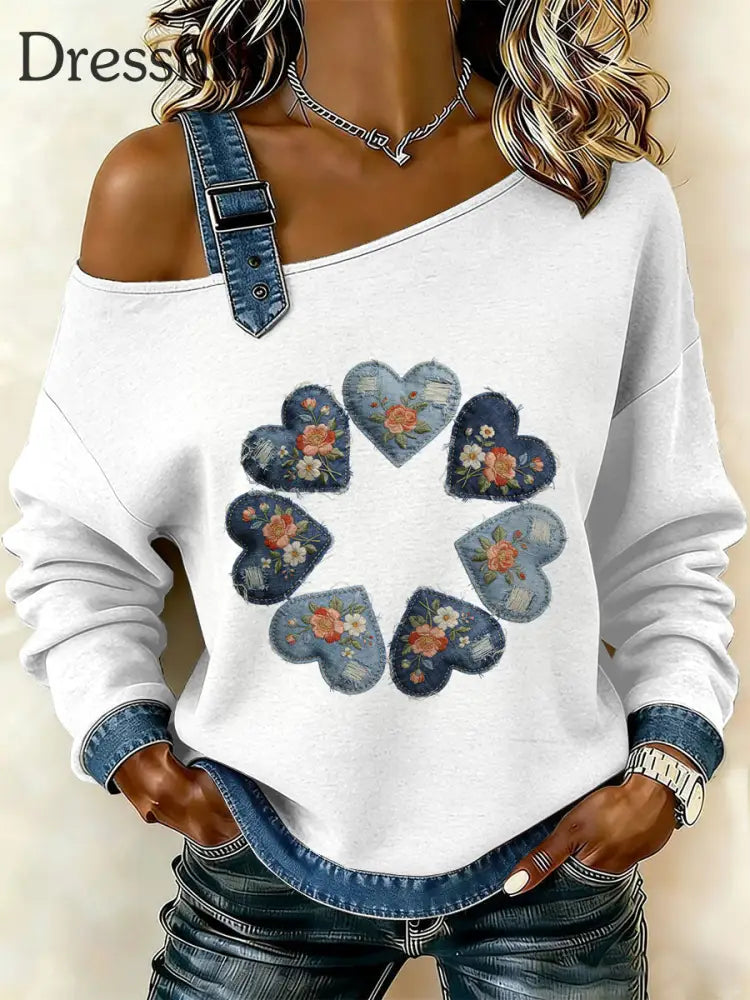 Damen Retro Floral Heart Patchwork Print lässig schulter freies Sweatshirt als bild / S
