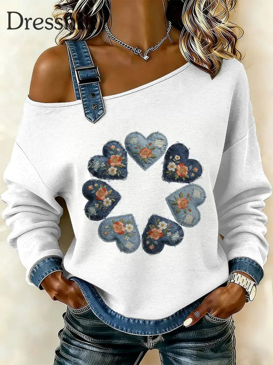 Damen Retro Floral Heart Patchwork Print lässig schulter freies Sweatshirt als bild / S