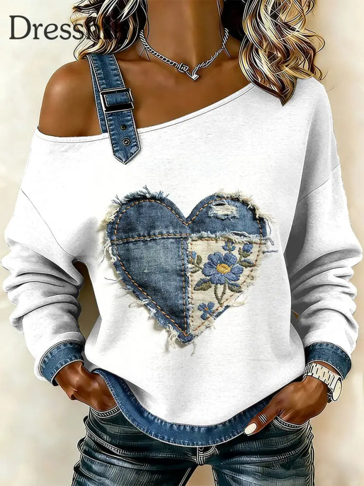 Damen Retro Floral Heart Patchwork Print lässig schulter freies Sweatshirt als bild / S
