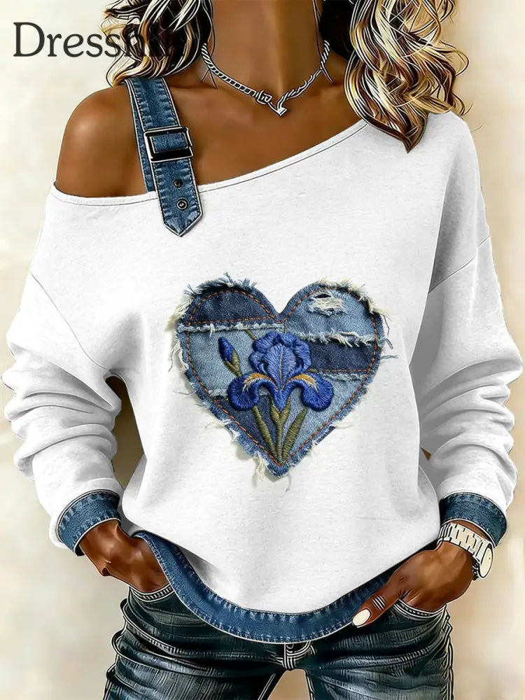 Damen Retro Floral Heart Patchwork Print lässig schulter freies Sweatshirt als bild / S
