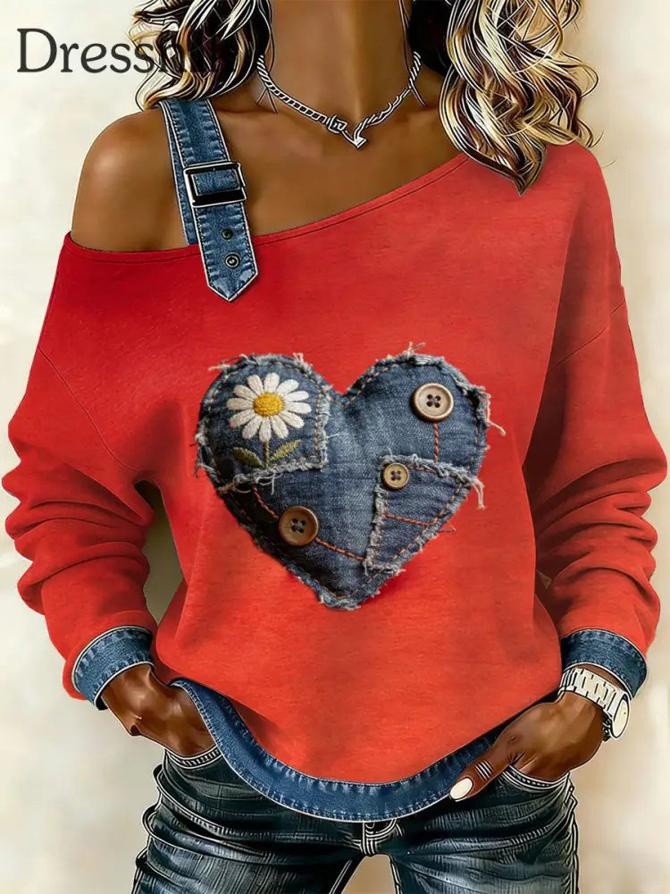 Damen Retro Floral Heart Patchwork Print lässig schulter freies Sweatshirt als bild / S