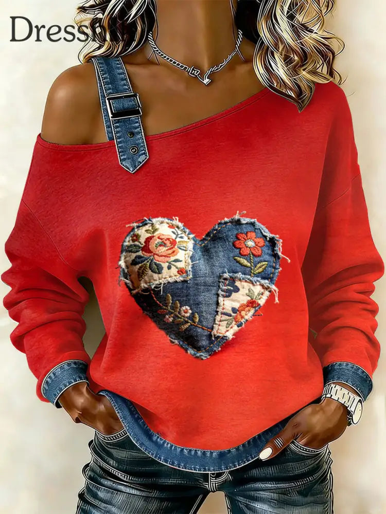 Damen Retro Floral Heart Patchwork Print lässig schulter freies Sweatshirt als bild / S