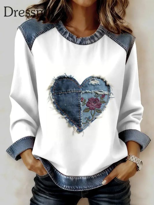 Damen Retro Floral Herz Patchwork Print Casual Sweatshirt als bild / S