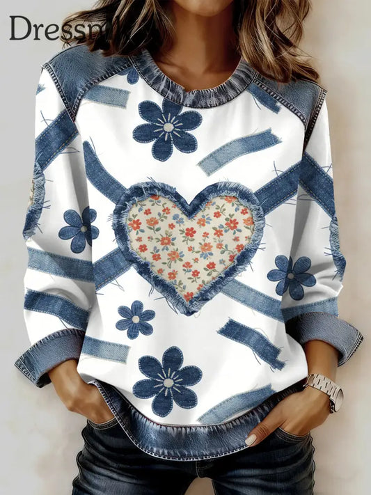 Damen Retro Floral Herz Patchwork Print Casual Sweatshirt als bild / S