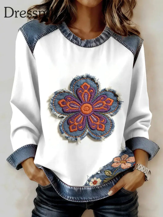 Damen Retro Floral Herz Patchwork Print Casual Sweatshirt als bild / S