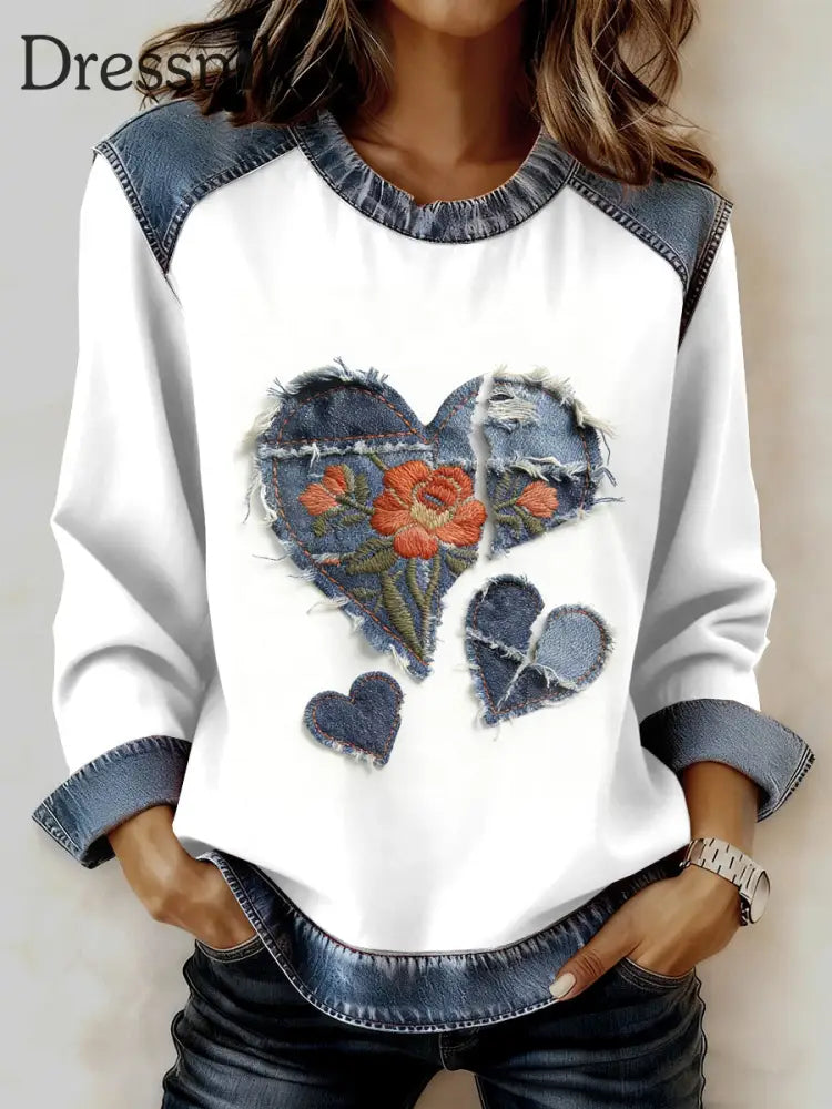 Damen Retro Floral Herz Patchwork Print Casual Sweatshirt als bild / S
