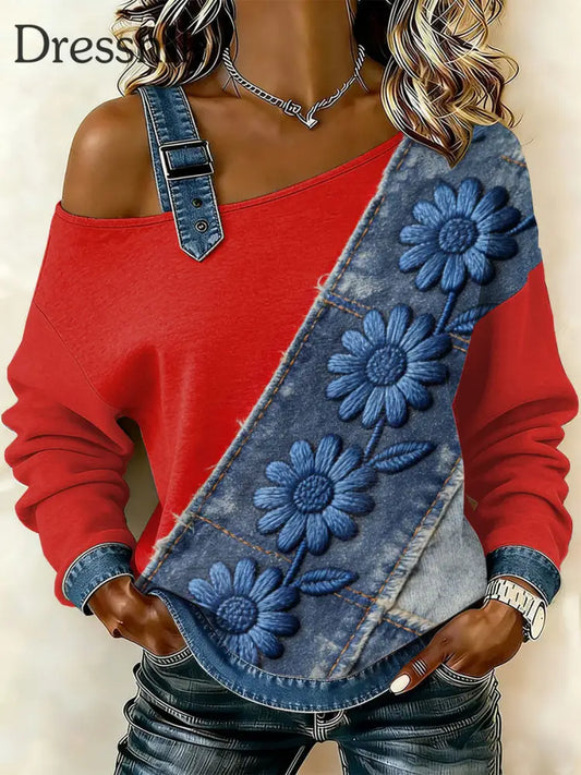 Damen Retro Floral Patchwork Print lässig schulter freies Sweatshirt als bild / S