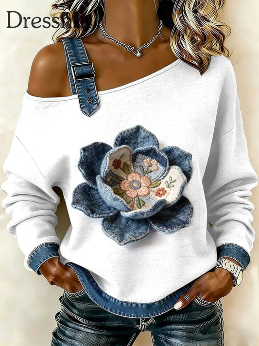 Damen Retro Floral Patchwork Print lässig schulter freies Sweatshirt als bild / S