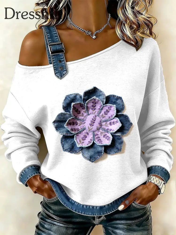 Damen Retro Floral Patchwork Print lässig schulter freies Sweatshirt als bild / S