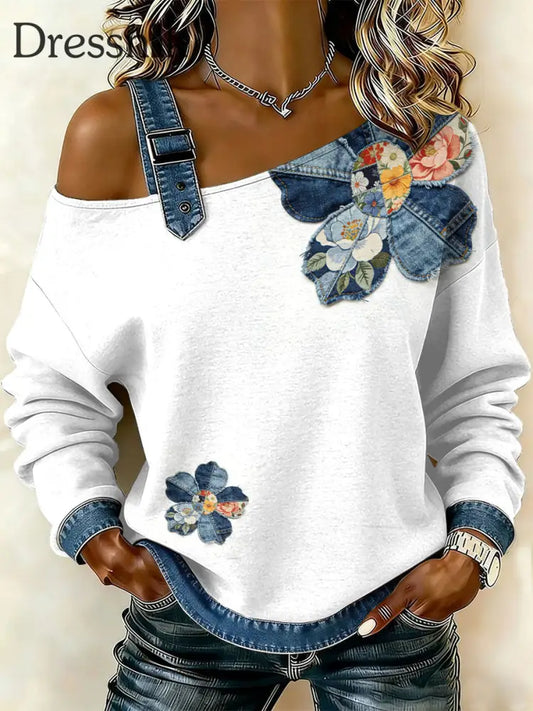 Damen Retro Floral Patchwork Print lässig schulter freies Sweatshirt als bild / S