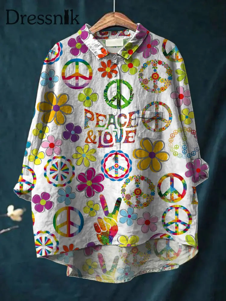 Damen Retro Hippie Kunstdruck Casual Baumwolle Leinen mit rundem Hals Knopf Tasche Mitte Langarm Hemd Top A / M