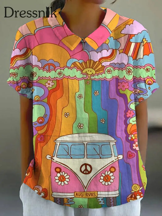 Damen Retro Hippie Kunstdruck Lässige Kurzarm-Hemd-Tops A / S