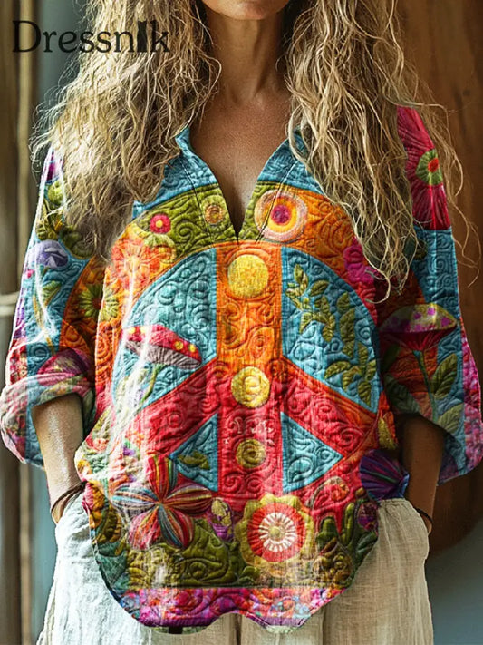 Damen Retro Hippie Kunstdruck V-Ausschnitt Lässig Baumwolle Und Leinen Hemd Top A / S