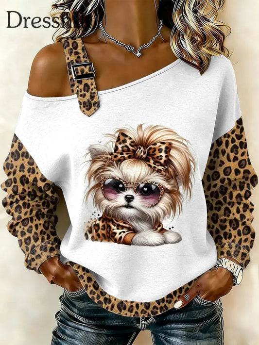 Damen Retro-Hund Patchwork bedruckt lässig schulter freies Sweatshirt als bild / S