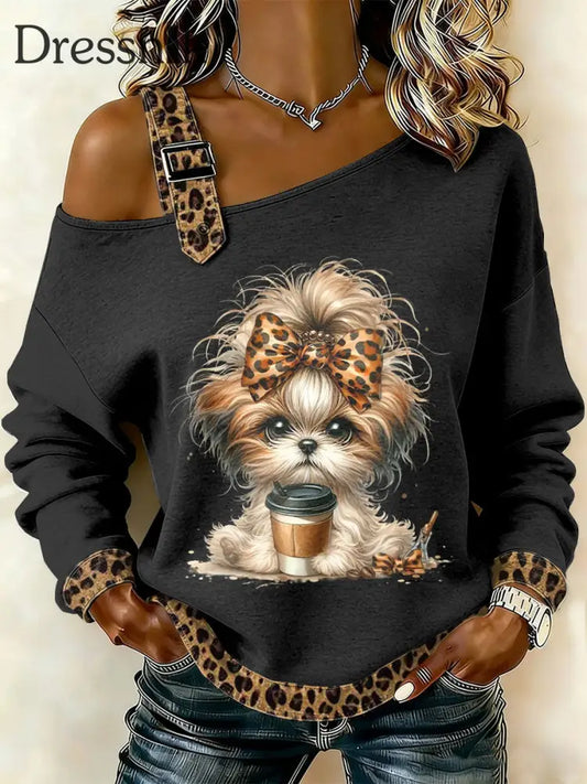 Damen Retro-Hund Patchwork bedruckt lässig schulter freies Sweatshirt als bild / S