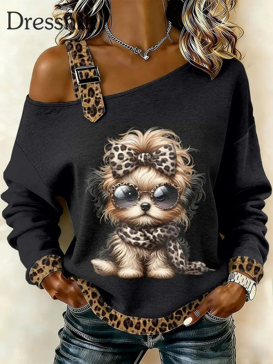 Damen Retro-Hund Patchwork bedruckt lässig schulter freies Sweatshirt als bild / S