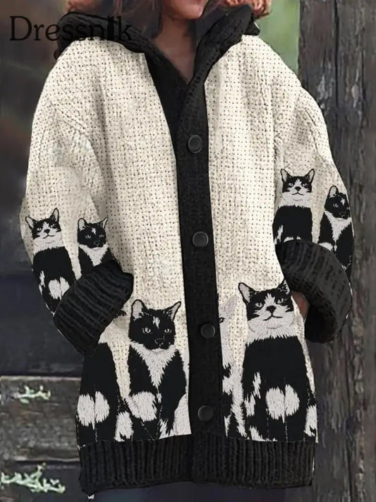 Damen Retro Katze Bestickt Kunstdruck Knopf Dick Lang Ärmelig Kapuzen Strickjacke A / S