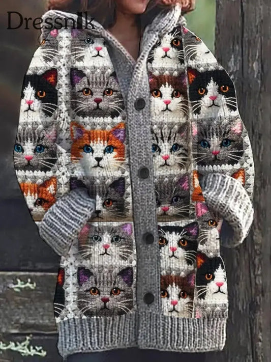 Damen Retro Katze Bestickt Kunstdruck Knopf Dick Lang Ärmelig Kapuzen Strickjacke A / S