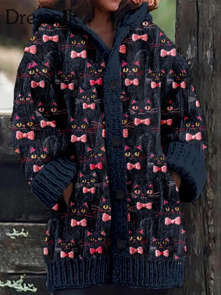 Damen Retro Katze Bestickt Kunstdruck Knopf Dick Lang Ärmelig Kapuzen Strickjacke A / S