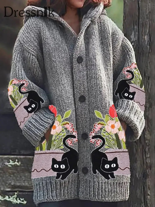 Damen Retro Katze Bestickt Kunstdruck Knopf Dick Lang Ärmelig Kapuzen Strickjacke A / S