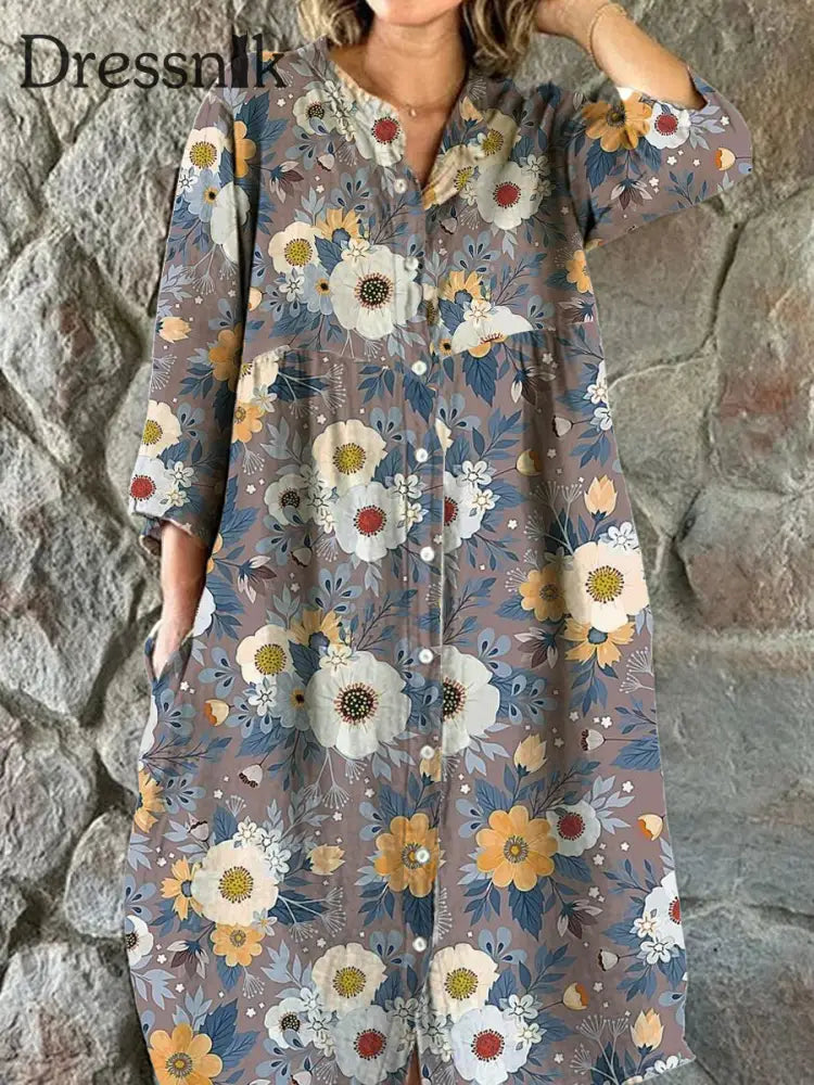 Damen Retro Kontrast Kunst Blumen Druck V-Ausschnitt Button-Down Dreiviertel-Ärmel Midi-Kleid A / S