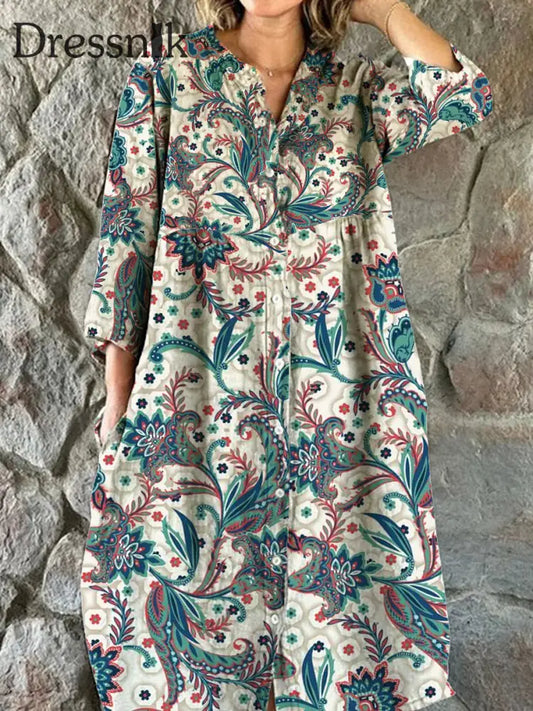 Damen Retro Kontrast Kunst Blumen Druck V-Ausschnitt Button-Down Dreiviertel-Ärmel Midi-Kleid A / S