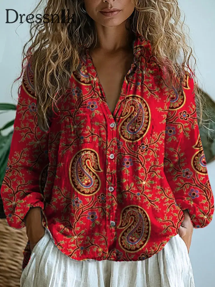 Damen Retro-Kunstdruck V-Ausschnitt Lässig Aus Baumwolle Und Leinen Shirt Top A / S