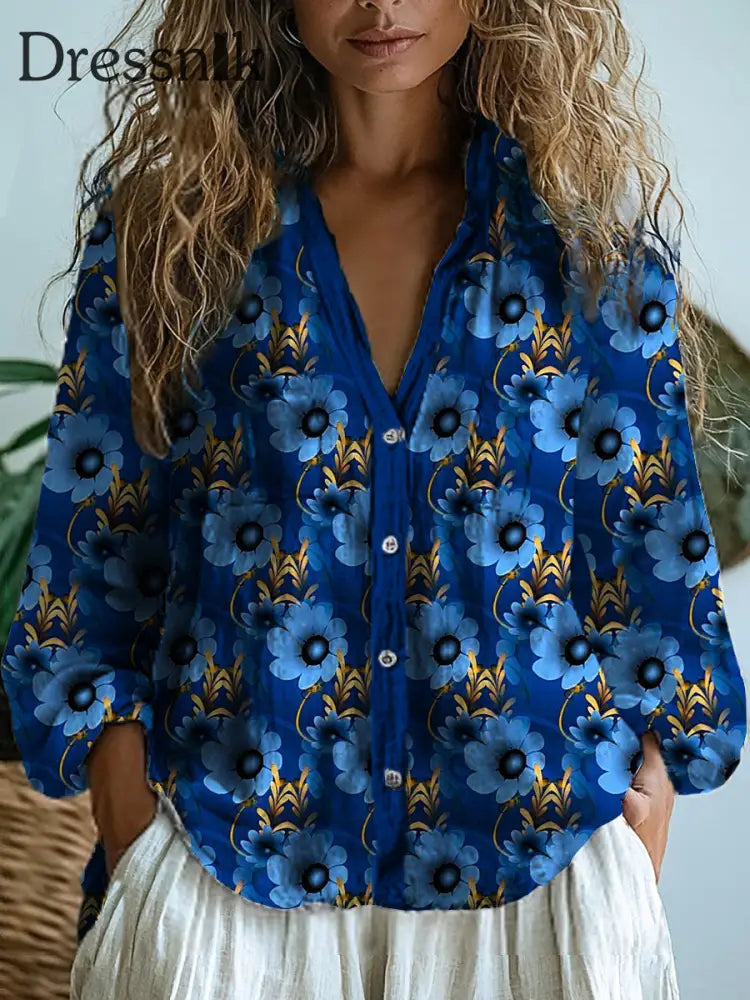 Damen Retro-Kunstdruck V-Ausschnitt Lässig Aus Baumwolle Und Leinen Shirt Top A / S
