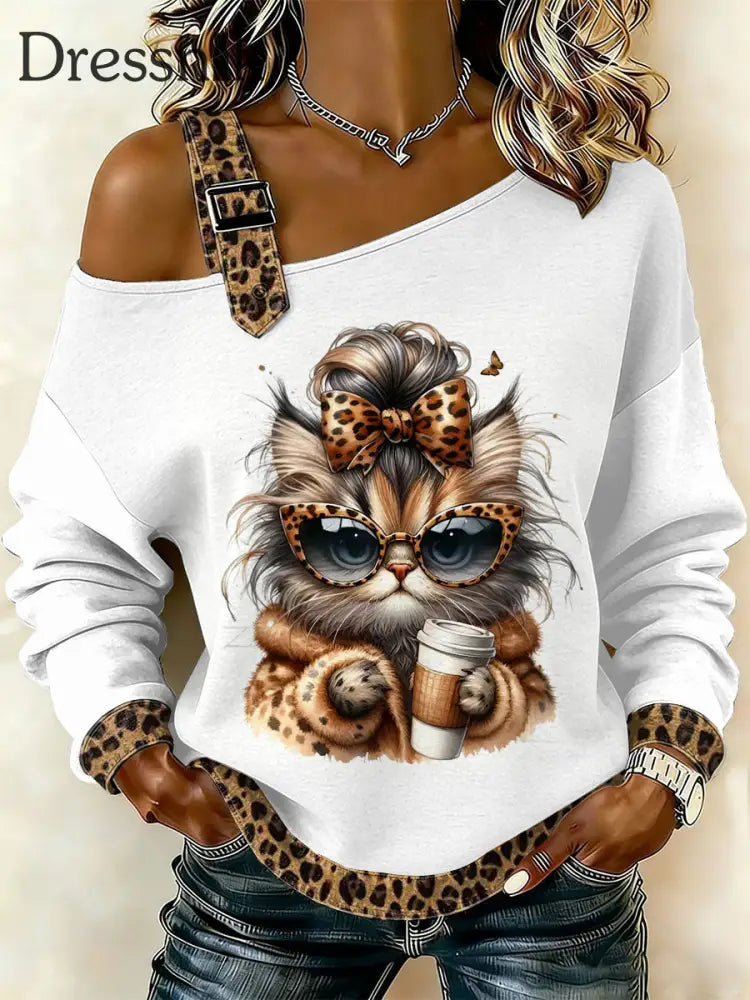 Damen Retro Leopard Cat Patchwork bedruckt lässig schulter freies Sweatshirt als bild / S