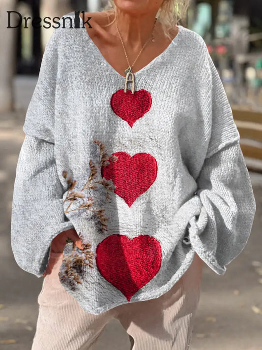 Damen Retro Love Kunstdruck Chic V-Ausschnitt Lässig Pullover A / S