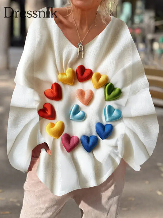 Damen Retro Love Kunstdruck Chic V-Ausschnitt Lässig Pullover A / S
