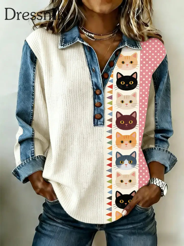 Damen Retro Niedlich Multi color Katzen Denim Patchwork Top Beige / S