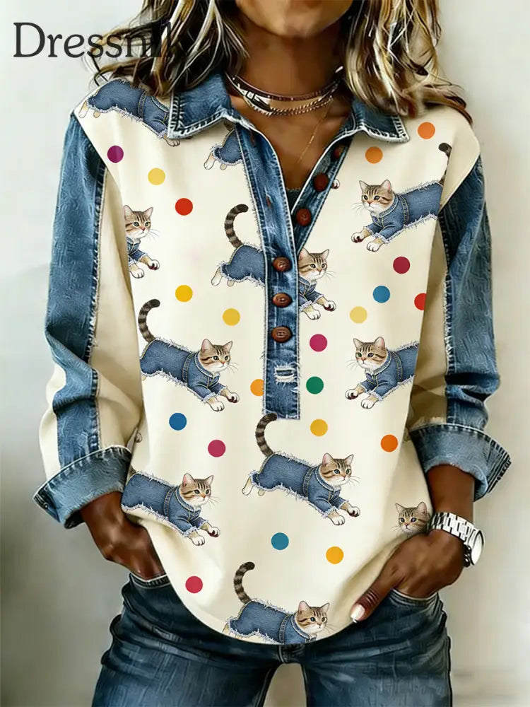 Damen Retro Niedlich Multi color Katzen Denim Patchwork Top Beige / S