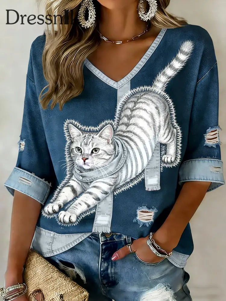 Damen Retro Niedliche Katze Denim Patchwork Kunstdruck Lässiges Langarm T-Shirt blau / S