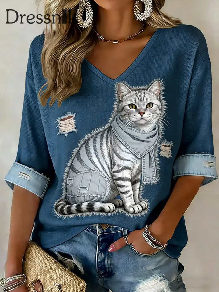 Damen Retro Niedliche Katze Denim Patchwork Kunstdruck Lässiges Langarm T-Shirt blau / S