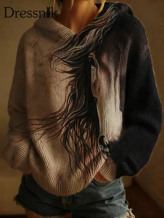 Damen Retro Pferd Kunstdruck Casual Top als bild / S