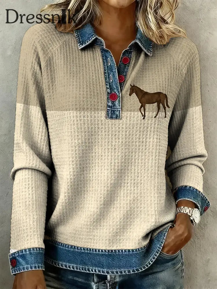 Damen Retro Pferd Kunstdruck Denim Patchwork Top als bild / S