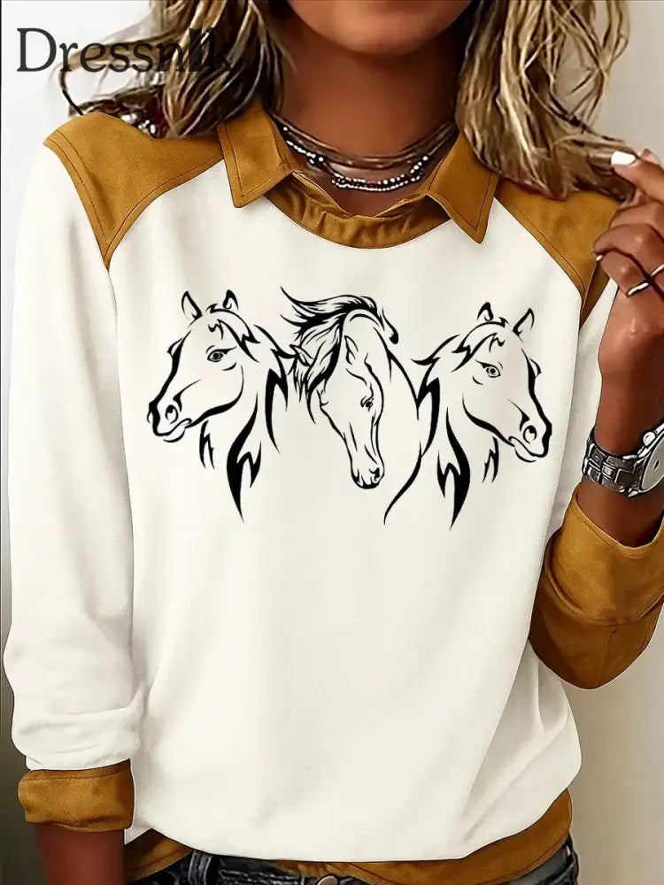 Damen Retro Pferd Print Casual Sweatshirt Braun / S