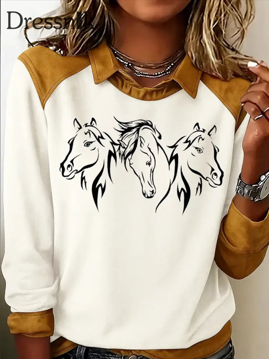 Damen Retro Pferd Print Casual Sweatshirt Braun / S