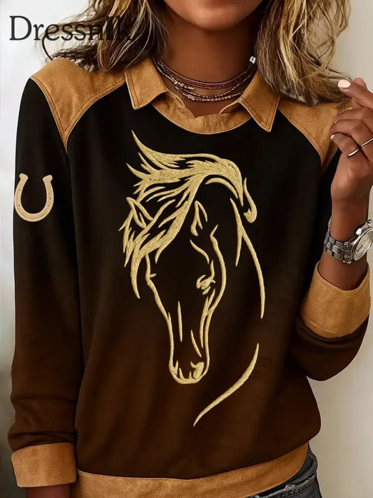 Damen Retro Pferd Print Casual Sweatshirt Dunkelbraun / S