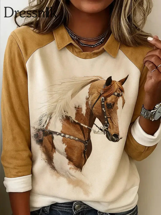 Damen Retro-Pferde druck Pferde liebhaber lässig Sweatshirt Gelbbraun / S