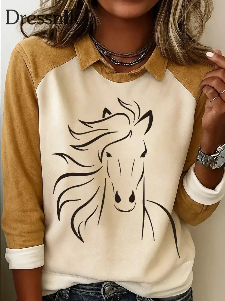 Damen Retro-Pferde druck Pferde liebhaber lässig Sweatshirt hellgelb / S
