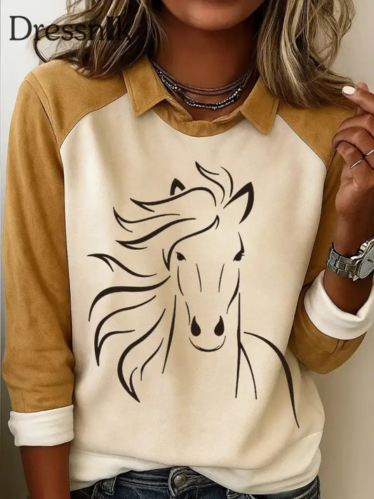 Damen Retro-Pferde druck Pferde liebhaber lässig Sweatshirt hellgelb / S