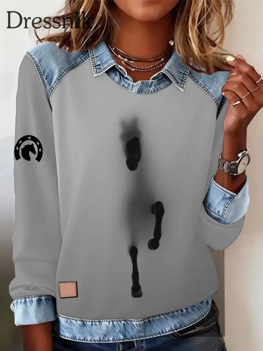 Damen Retro-Pferde druck Pferde liebhaber lässig Sweatshirt Hellgrau / S