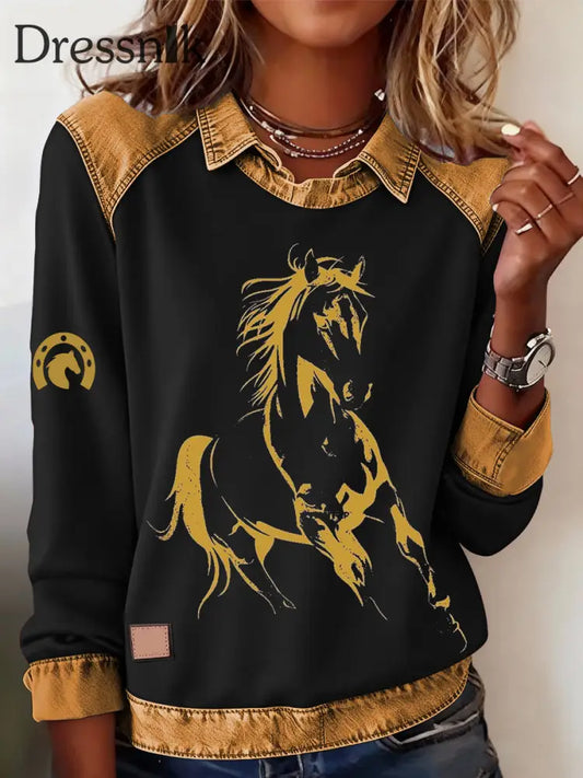 Damen Retro-Pferde druck Pferde liebhaber lässig Sweatshirt Schwarz / S