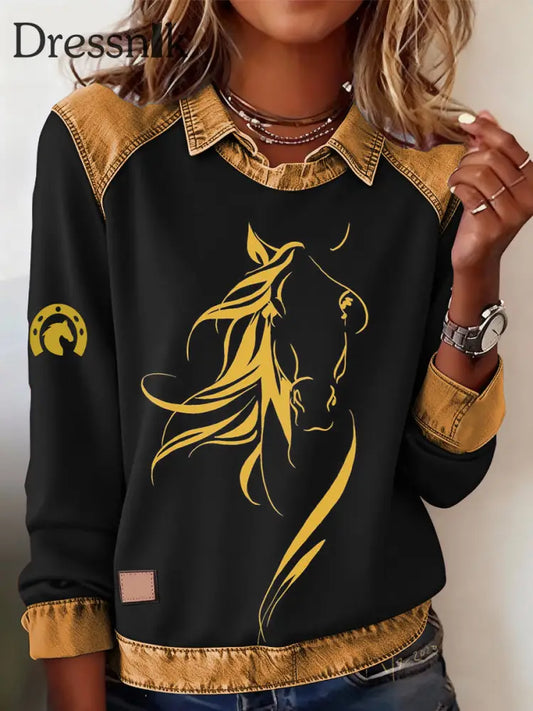 Damen Retro-Pferde druck Pferde liebhaber lässig Sweatshirt Schwarz / S