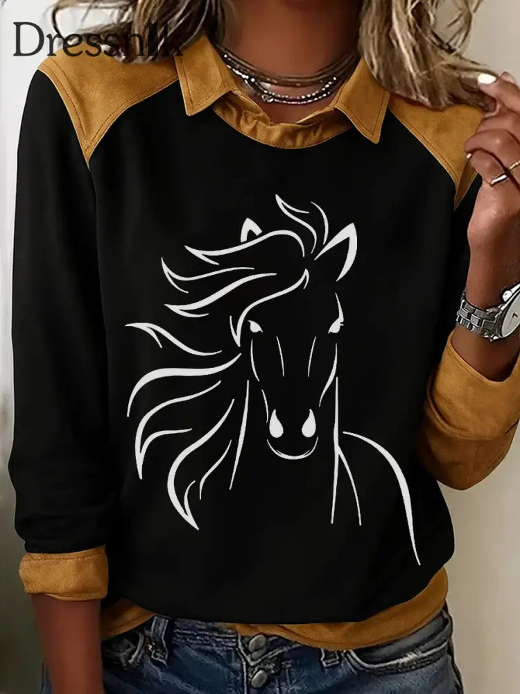 Damen Retro-Pferde druck Pferde liebhaber lässig Sweatshirt schwarz / S
